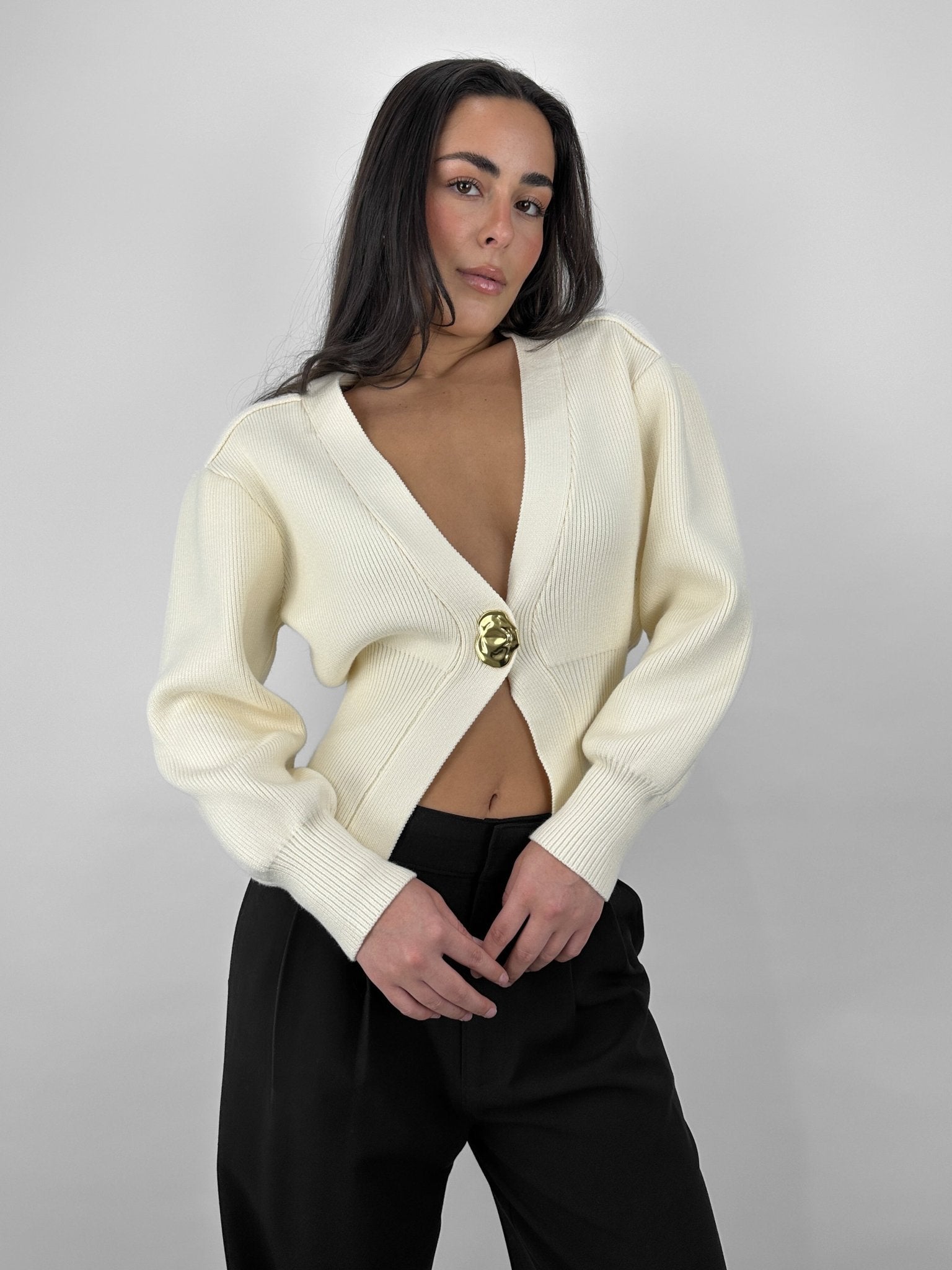 V Neck Organic Gold Button Cardigan - Vamp Official