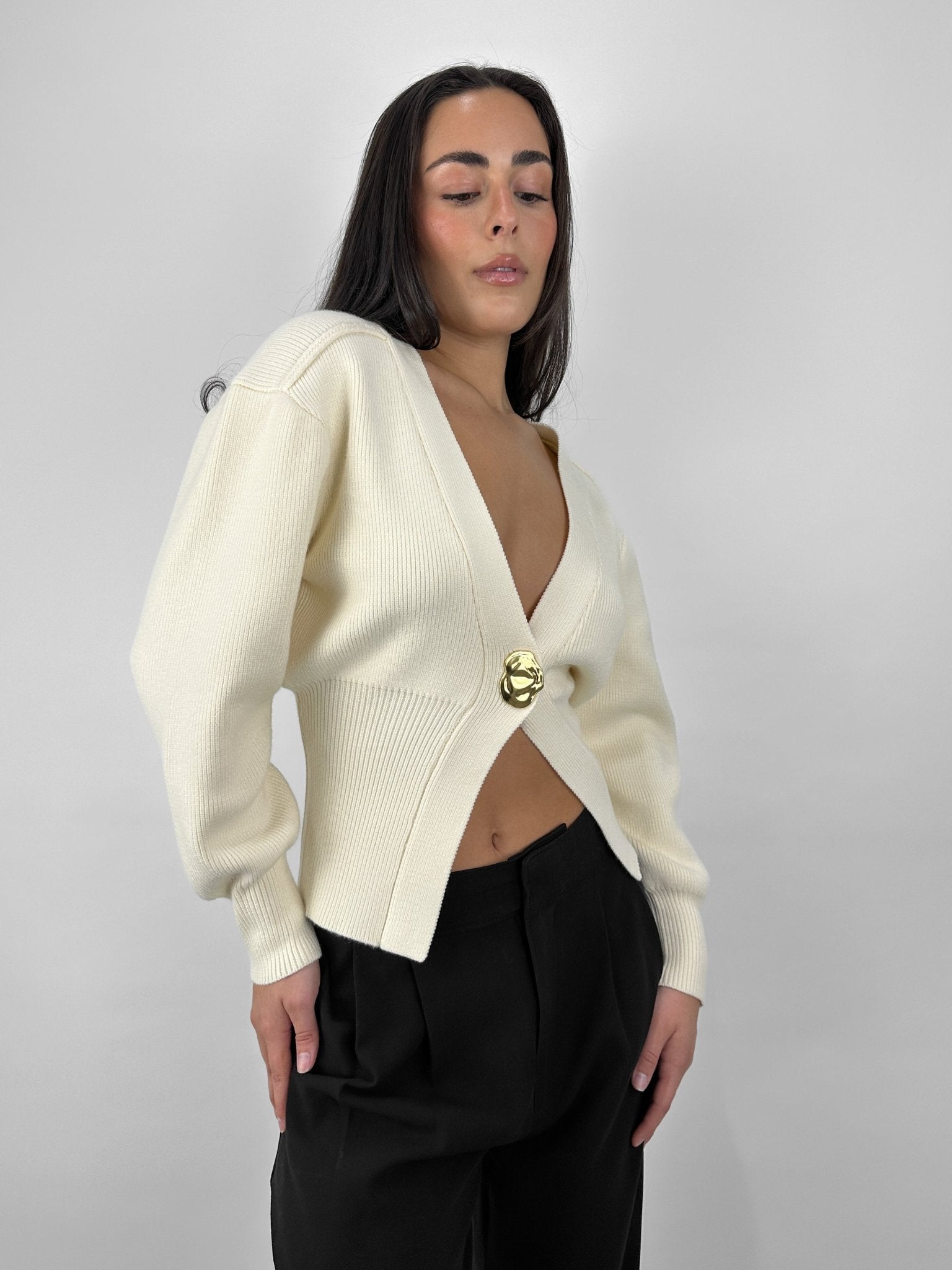 V Neck Organic Gold Button Cardigan - Vamp Official