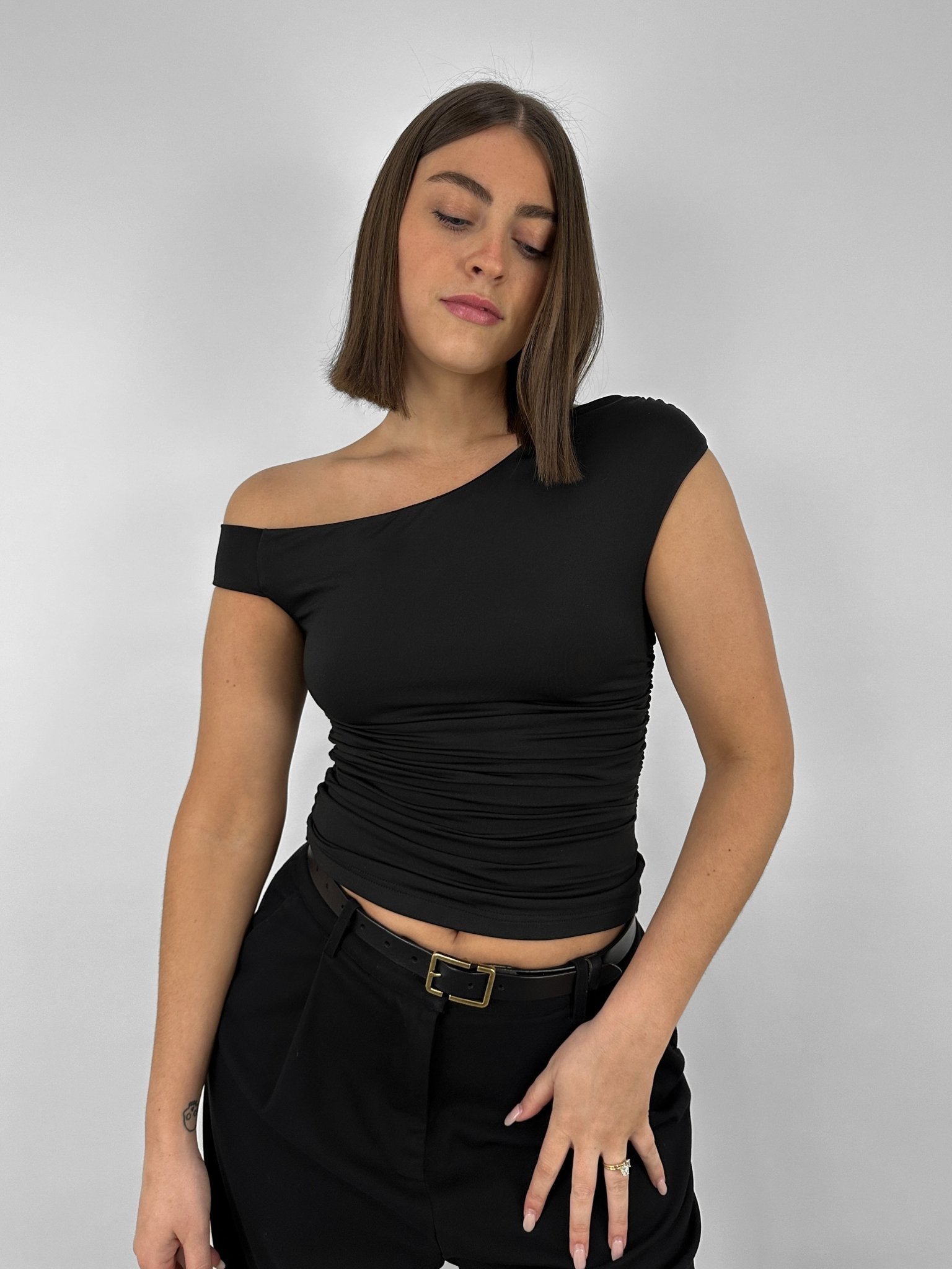 Asymmetrical Off The Shoulder Ruched Top