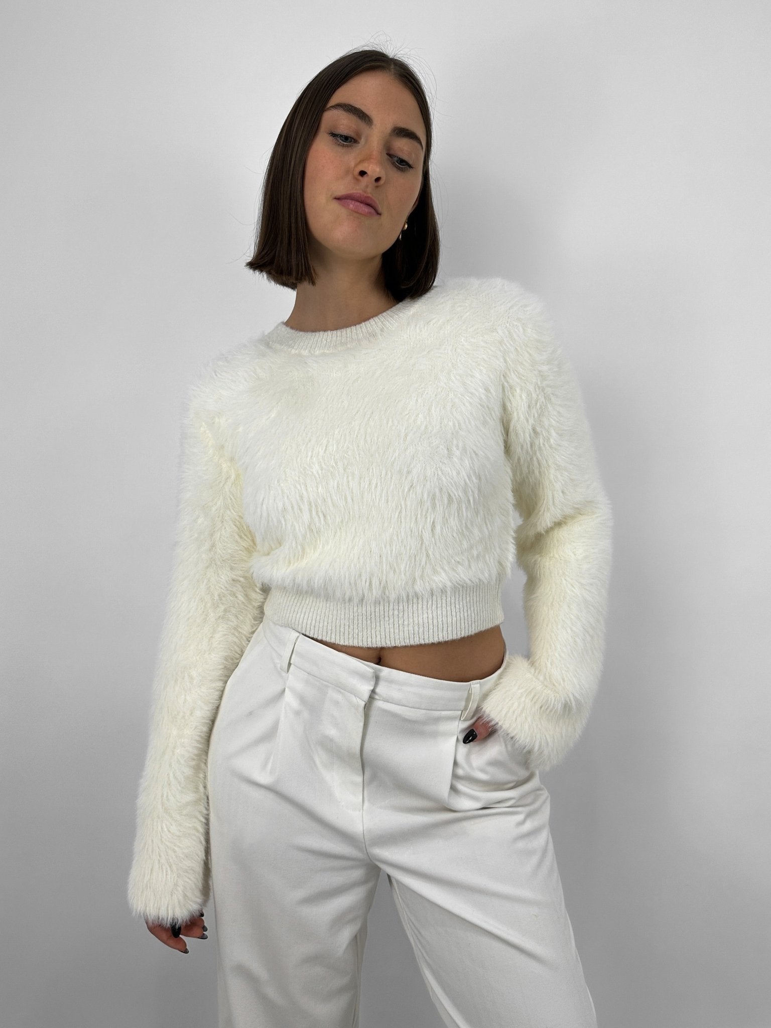 Cropped Wide Sleeve Fuzzy Sweater