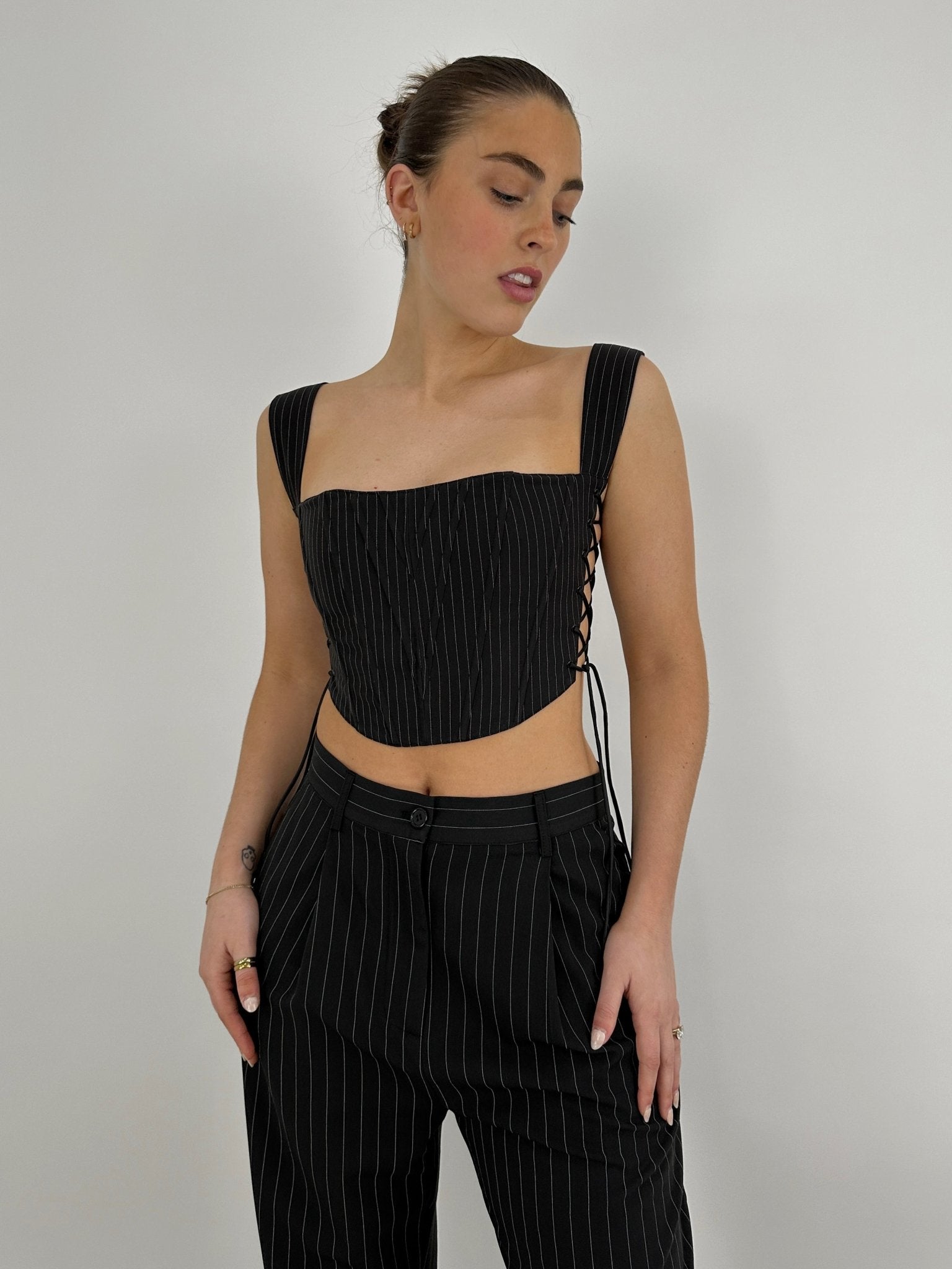 Lace Up Pinstripe Structured Corset